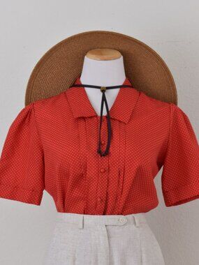 Vintage 70s Red Polka Dot Button Blouse